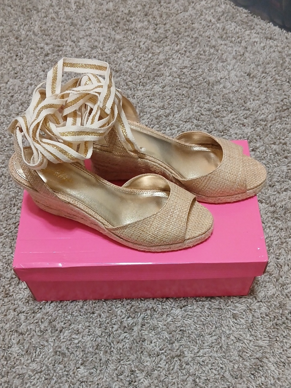 Lilly Pulitzer Gold Woven Espadrille Wedge Sandals with Ankle Wrap